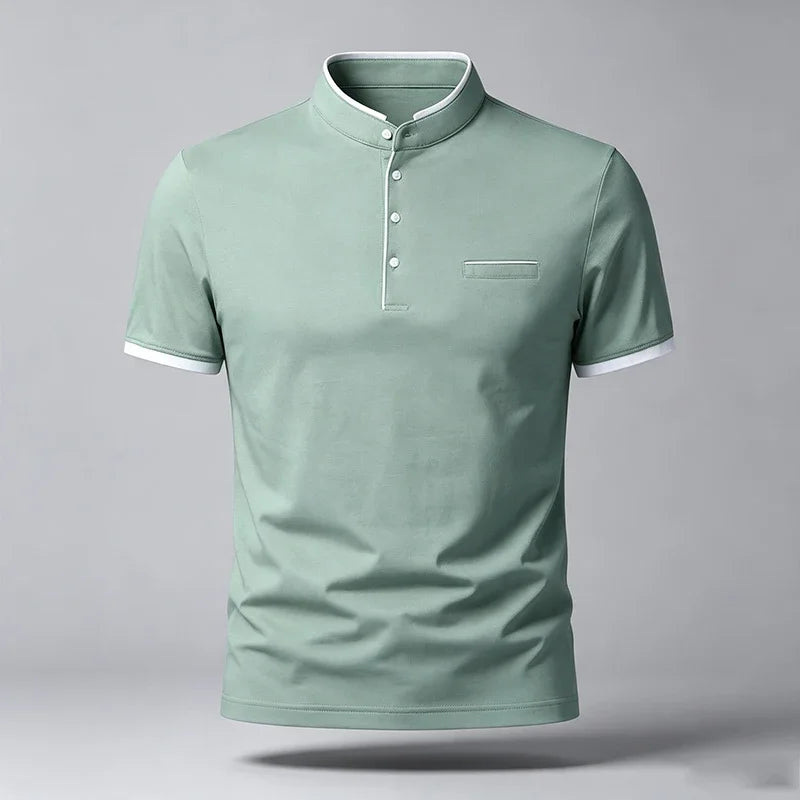 Men Regular Fit Short Sleeve Polo Shirt Stand Collar Chest Pocket For Office Business Look And City Street Daily Wear