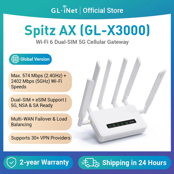 រ៉ោតទ័រច្រកផ្លូវ GL.iNet GL-X3000 (Spitz AX) 5G AX3000, Wi-Fi 6, Multi-WAN និងអង់តែនដែលអាចផ្ដាច់បាន, ស៊ីមពីរ, OpenVPN និង WireGuard