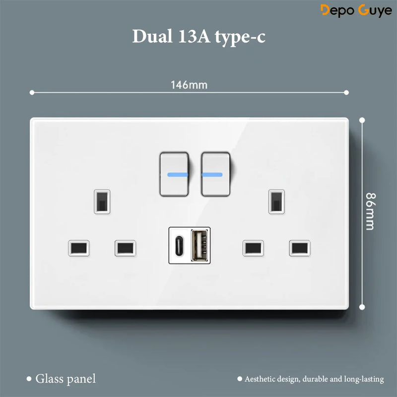 White UK 230V Tempered Glass Touch Light Switch Socket LED Wall Panel Smart Home Switches Socket Manufacturer Wholesale Supplier