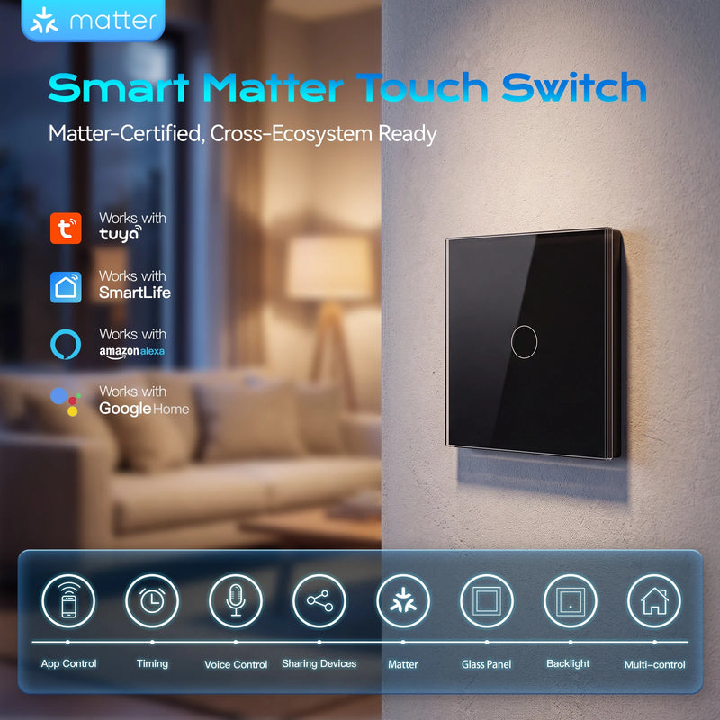 BSEED Matter Smart Touch Light Switch 1/2/3Gang Support Apple Home Tuya APP Google Assistant Voice Control Neutral Wire Optional