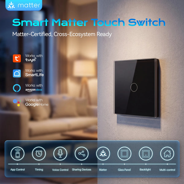 BSEED Matter កុងតាក់ប៉ះ WIFI 1/2/3Gang កុងតាក់ភ្លើងឆ្លាតវៃ គាំទ្រ Apple Home Tuya APP Google Assistant Alexa ការគ្រប់គ្រងដោយសំឡេង