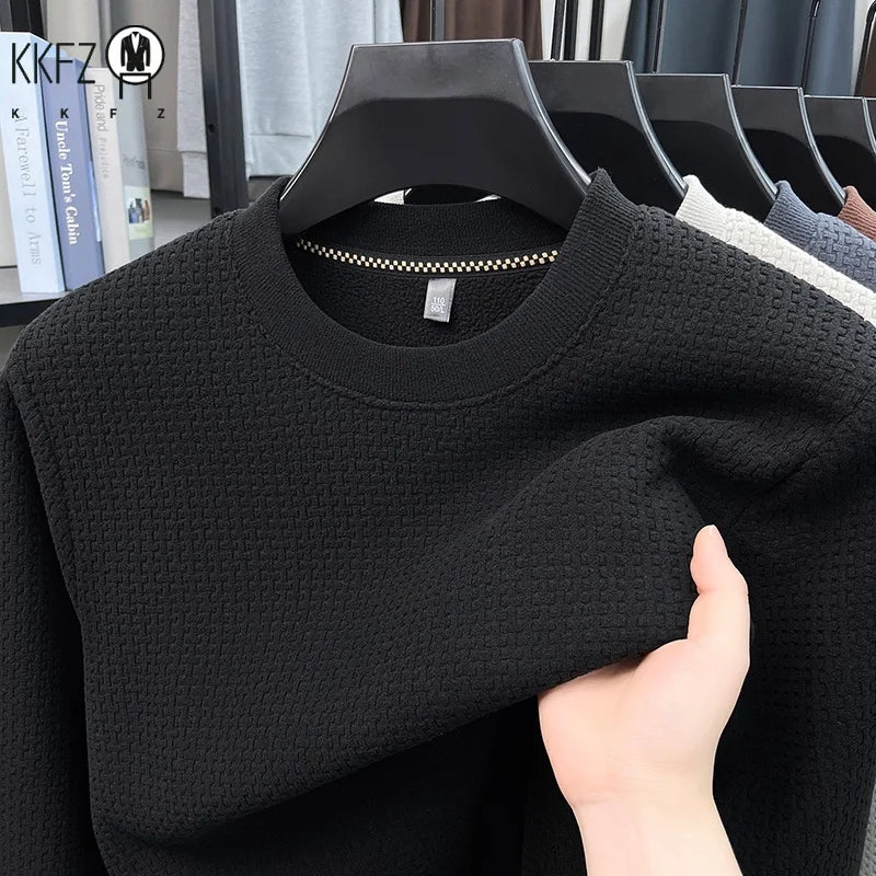 Mens Casual Stretch Long Sleeve Pullover Top Crew Neck Waffle Knit Texture Shirt Breathable Fabric Daily Wear