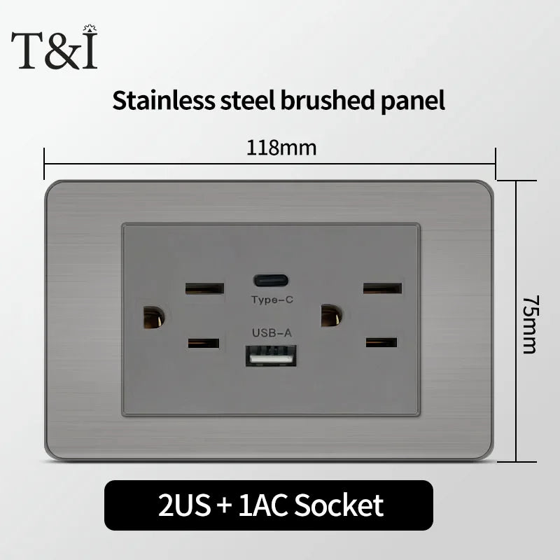 T&I 118 Premium Stainless Steel Brushed Wall Socket with USB Type - C, US Switch, Thai Plug for Home & Office Use