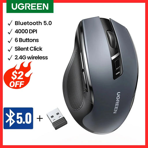 UGREEN Wireless Mouse Bluetooth5.0 Mouse Ergonomic 4000DPI 6 Mute Buttons Mouse For MacBook Tablet Laptops Computer PC 2.4G Mice