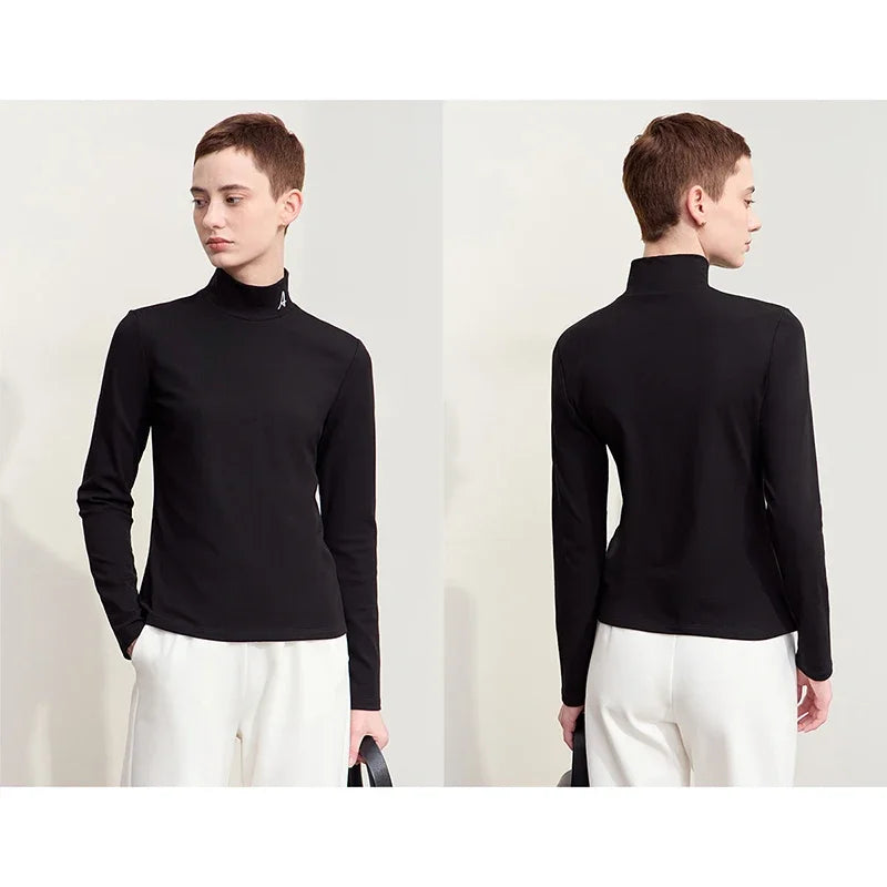 AMII Minimalism Women's Turtleneck T-shirts Embroidered Fleece Warm 2026 Winter Long Sleeve Slim Commuter Knitted Tops 12424114