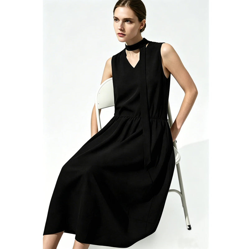 Amii Women's Dress 2026 Summer New V-Neck Tie Low Waist Sleeveless A-Line Midi Dress Holiday Casual Flowy Woman Clothes 12652073