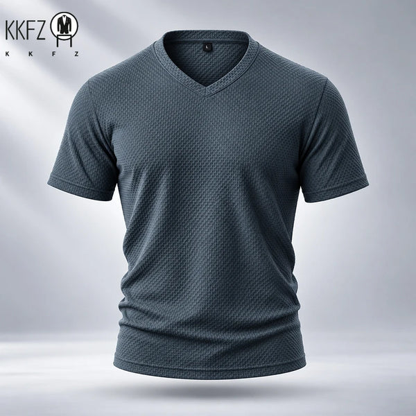 Waffle Textured Fabric Mens V Neck Short Sleeve Top Durable Stitching Soft Stretchy Design For Outdoor Daily Scenes