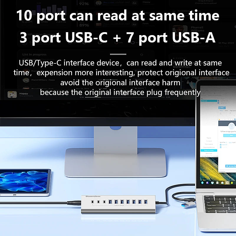 មជ្ឈមណ្ឌល USB3.0 ឥតខ្សែ 7 ច្រក 10 ច្រក USB C Hub 10 ក្នុង 1 អាលុយមីញ៉ូម Splitter Split Switch Adapter អាដាប់ទ័រថាមពល 12V សម្រាប់កុំព្យូទ័រ Macbook
