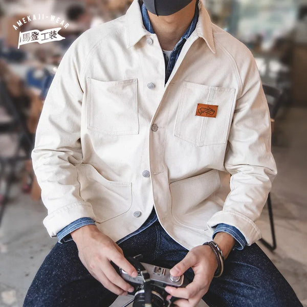 Maden Workwear អាវក្រៅកការ៉េពណ៌សរបស់បារាំងបែបវីនថេចហោប៉ៅធំសម្រាប់បុរស Raglan អាវធំដើមរដូវស្លឹកឈើជ្រុះ