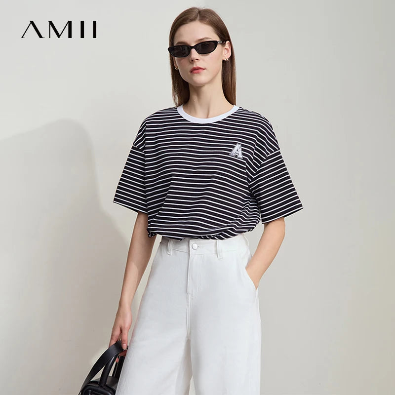 Amii 2026 Minimalist T-shirt Women Loose Elastic Striped Pure Cotton Dropped Shoulder Short Sleeves Printed Casual Tee 12522002