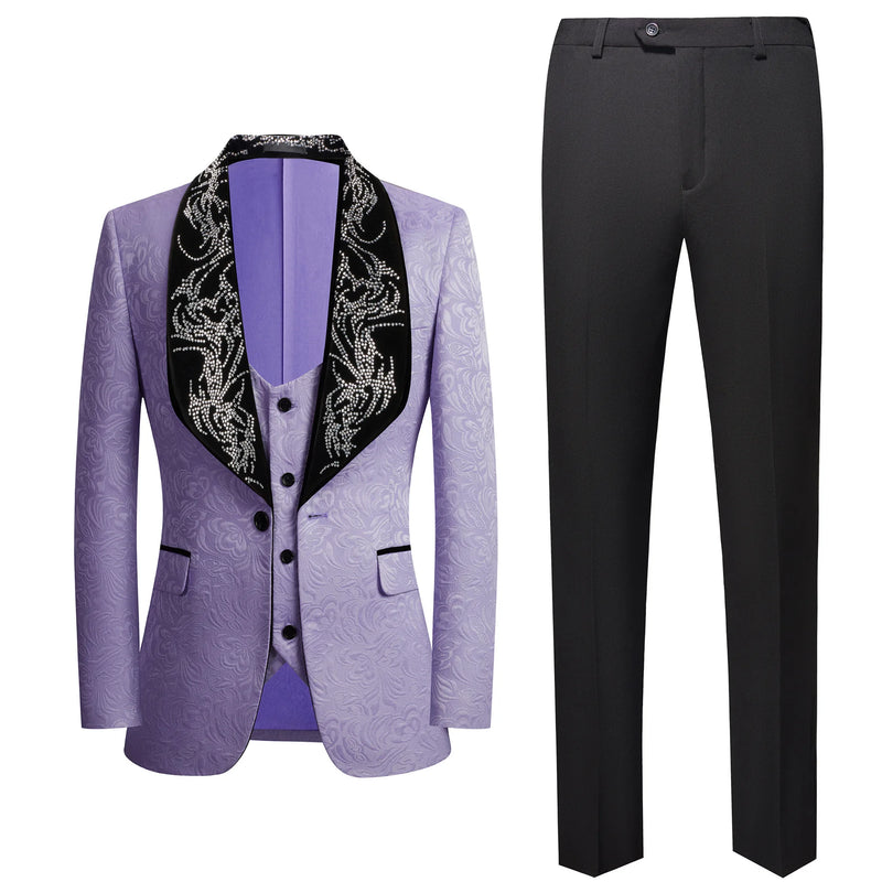 Red Men's Three-piece Suit Set Featuring A Jacquard Jacket and Vest Paired with Pants. Blue, Green, Purple, Pink, and White.