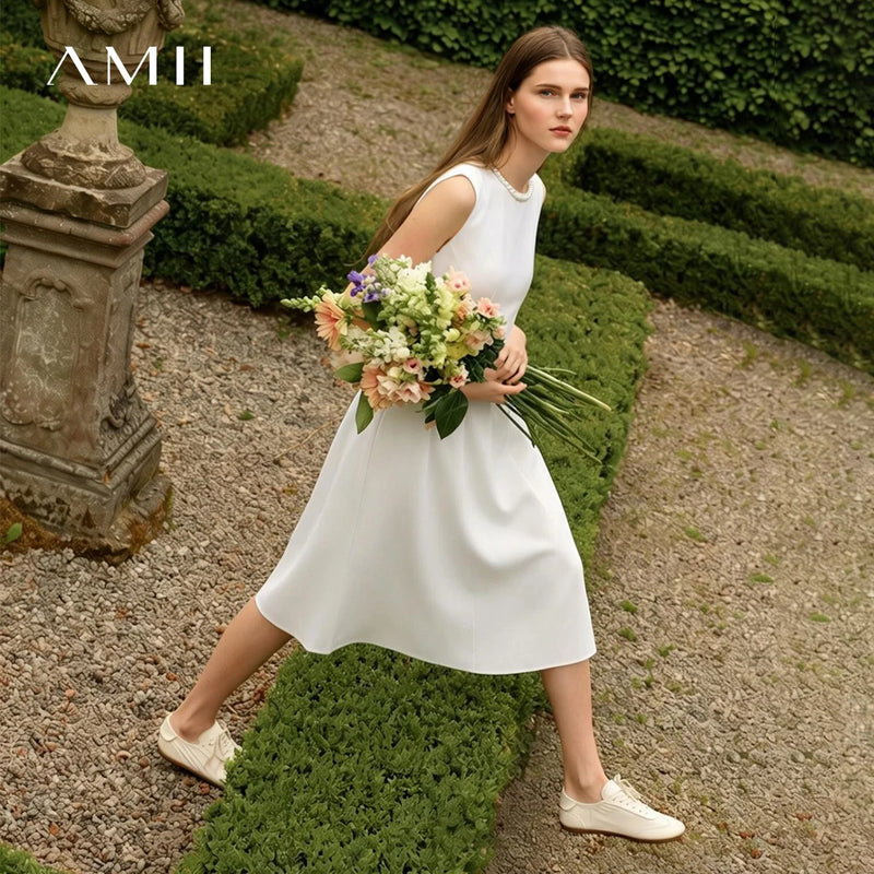 Amii Sleeveless Dress Woman 2026 Summer New O-Neck Ribbon Trim Elegant Office Fitted Waist Midi Women's Casual Dresses 12622157