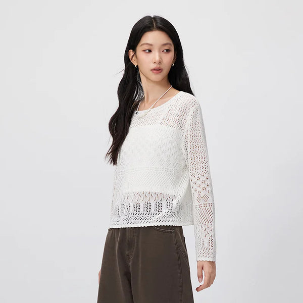 អាវយឺត Semir សម្រាប់នារី ខ្លី ពណ៌ស រលុង ប៉ាក់ពីរដុំ ឆើតឆាយ ធម្មតា ស្លៀកពាក់តាមដងផ្លូវ រដូវស្លឹកឈើជ្រុះ ឆ្នាំ២០២៦
