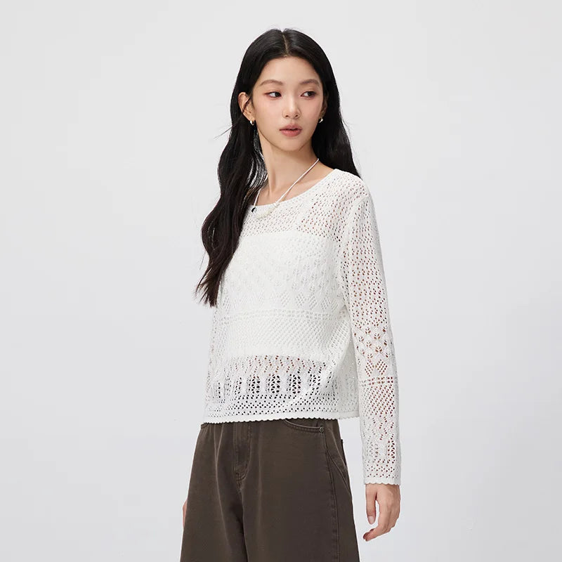 Semir Women Sweater Short Cami Hollow Out White Loose Knit Two Piece Elegant Casual Autumn Top Street Wear 2026