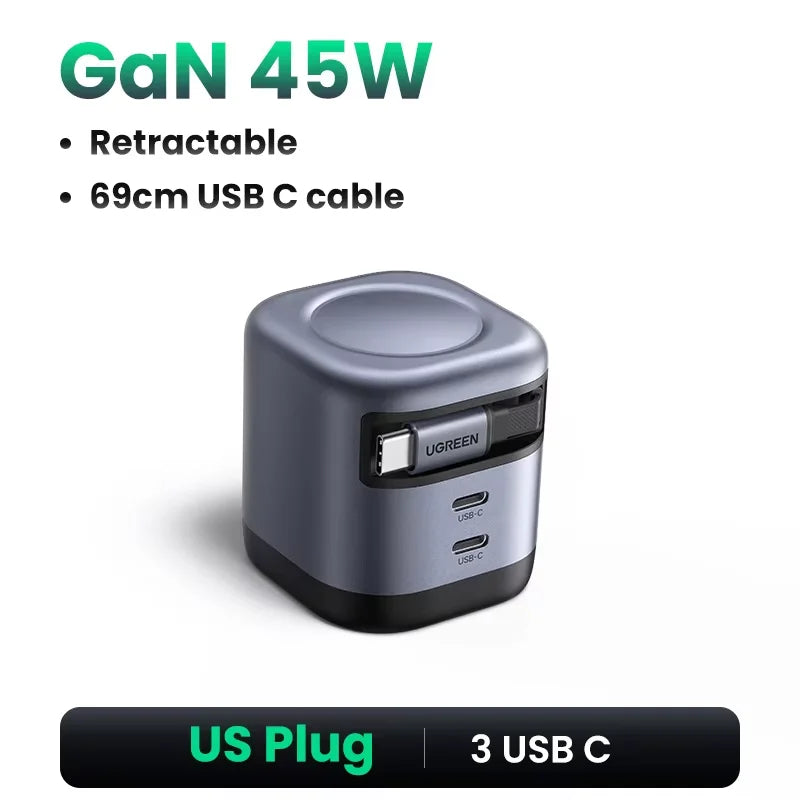 UGREEN 45W GaN Retractable Cable Charger UFCS PPS QC PD 3.0 For iPhone 17 16Pro Samsung S25 iPad Macbook Air Tablet Fast Charger