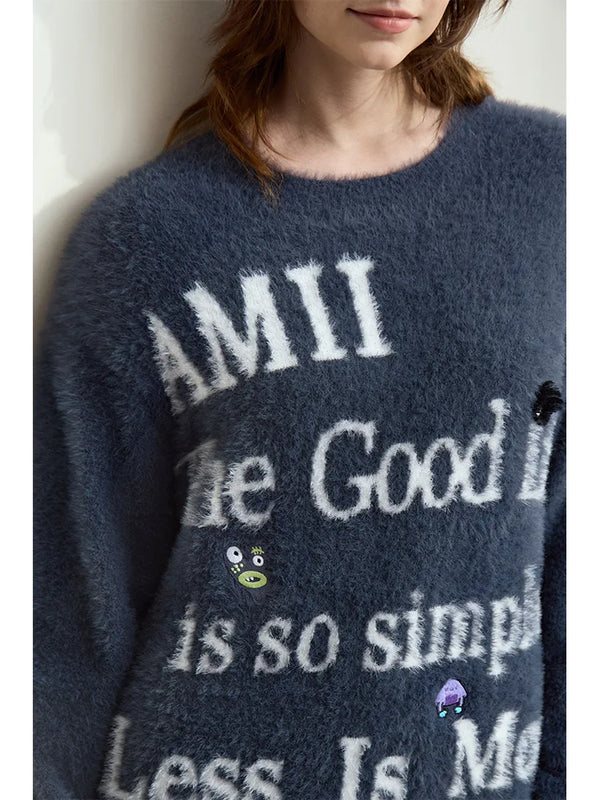 AMII Minimalist Sweater for Woman 2026 Winter New O-neck Versatile Women's Sweater Jacquard Embroidered Pullover Tops 12454022