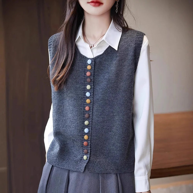 Retro Button Crew Neck Knitted Vest Cardigan Women's Sleeveless Sweater Stack Wear Versatile Top Ladies Spring Autumn Jacket