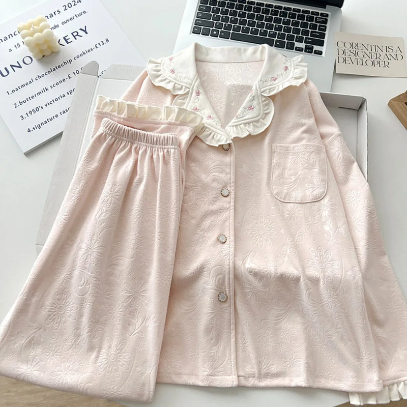 Casual Homewear Sprinmg Autumn Long Sleeve Trousers Ladies Pajamas Suit Lapel Top 2 Piece Set Sleepwear Women's Home Nightwear