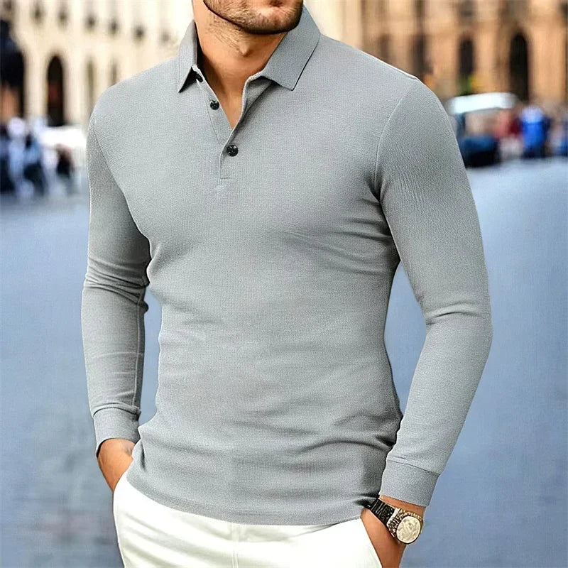 Men's Business Casual Long Sleeved Shirt Solid Color Fashionable Breathable Comfortable Versatile Polo Top