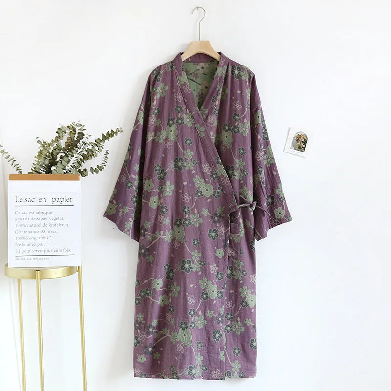Spring Summer 100% Cotton Sleepwear Jacquard Japanese Kimono Sleeping Robe Loose Comfortable Home Bathrobe Women Dressing Gowns