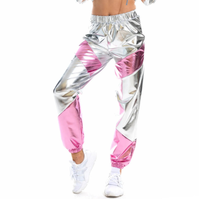 2026 New Women's Blue-Black Pants, Elastic Waist Color-Blocked Trousers, Perfect for Nightclubs/Parties/Dancing.