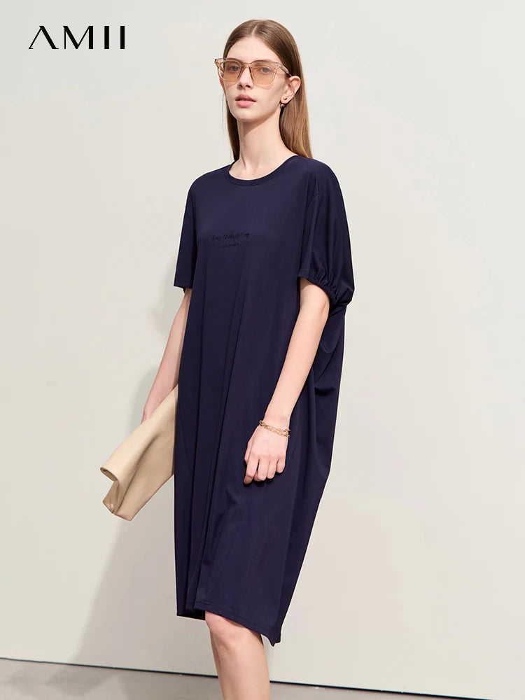 រ៉ូប Amii Minimalism សម្រាប់ស្ត្រីឆ្នាំ ២០២៤ រដូវក្តៅថ្មីធម្មតារលុង O Neck ប៉ាក់អក្សរម៉ូដរ៉ូបមីឌីប៉ាក់ស្រី ១២៤២២០៣២