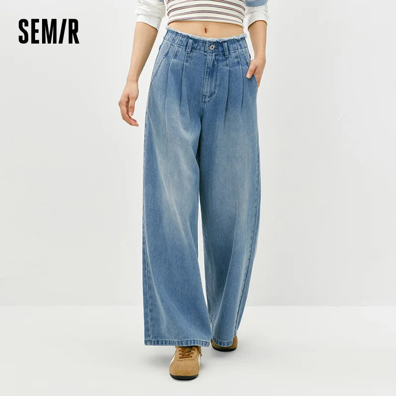 Semir Stylish Jeans Women 2026 Spring Raw Hem High Waist Wide Leg Floor Length Leg Lengthening Fashion Trousers