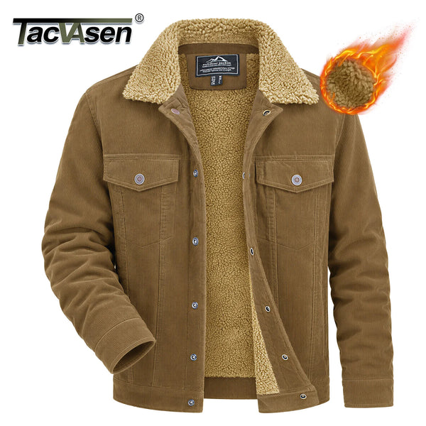TACVASEN Men's Winter Corduroy Sherpa Lined Warm Turn-Down Collar Jacket Daily And Outdoor Long Sleeve Coat With Utility Pocket