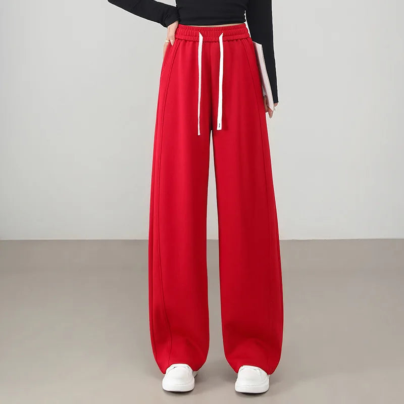 Bright Red Women's High-waisted Wide-leg Pants; Black Athletic and Casual Trousers for Spring and Fall; Asian Sizes S–XXL.