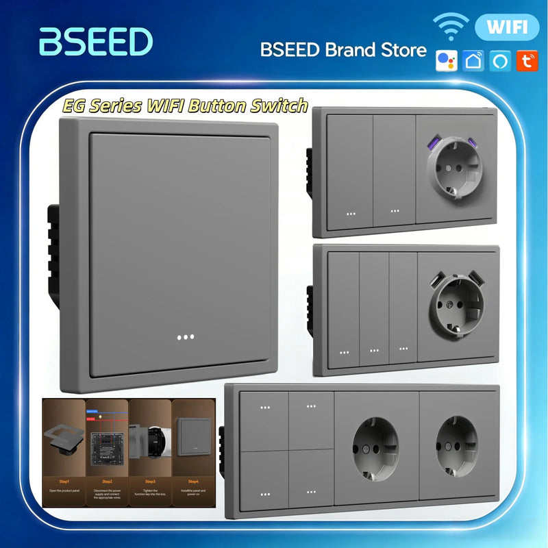 BSEED E Series 1/2/3/4Gang 2Way WIFI Light Switch Smart Click Button Switch Plastic With EU Power Socket Tuya Smart Life Control
