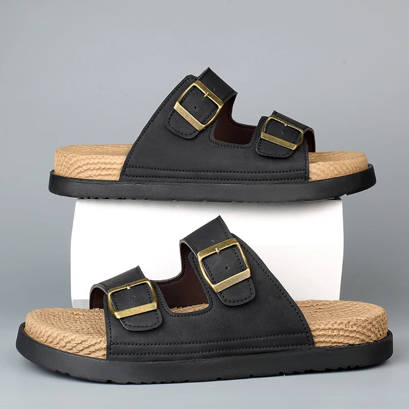 Summer Mens Adjustable Slippers Men Leather Slides Thick Soles Bottom Platform Slippers Sandals Soft Comfortable