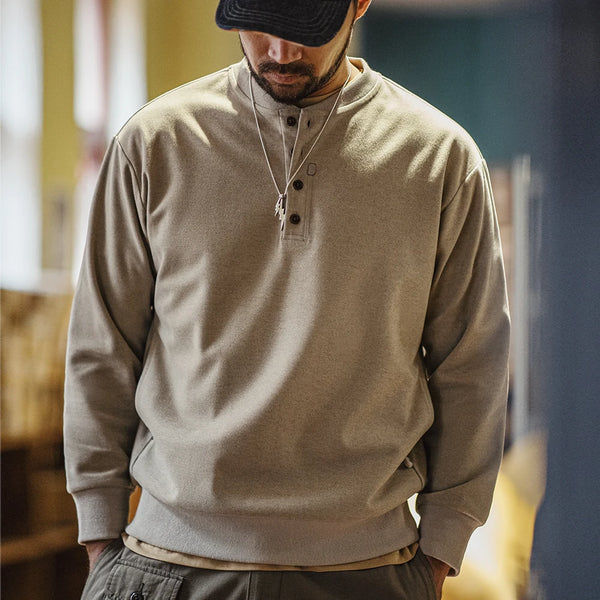 សម្លៀកបំពាក់បុរស Maden American Casual Henry Collar Tops Sweatshirt Clean-fit ដៃវែងបាត អាវយឺតនិទាឃរដូវម៉ូដទាន់សម័យ
