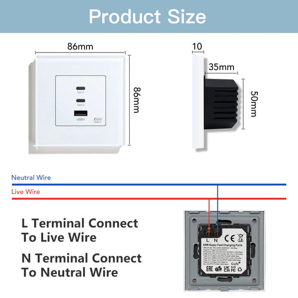 BSEED GaN3 រន្ធសាកលឿន 65W PD រន្ធសាកលឿន USB Type-C អាដាប់ទ័រសាកលឿនសម្រាប់ទូរស័ព្ទ កុំព្យូទ័រ បន្ទះកញ្ចក់ 100V-240V