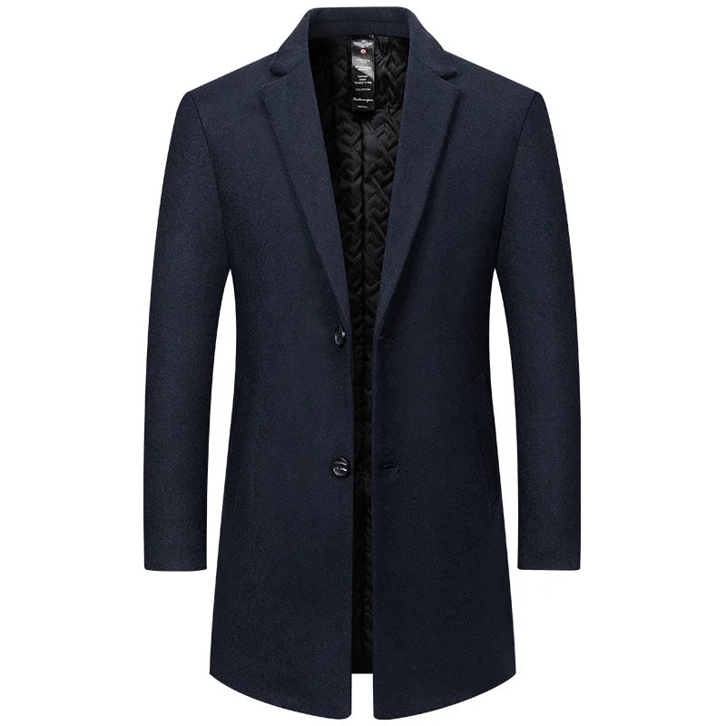 Men's Wool Trench Coats for Fall and Winter; Warm, Business-casual Long Jackets Available in Gray, Blue, and Black. 2027 New