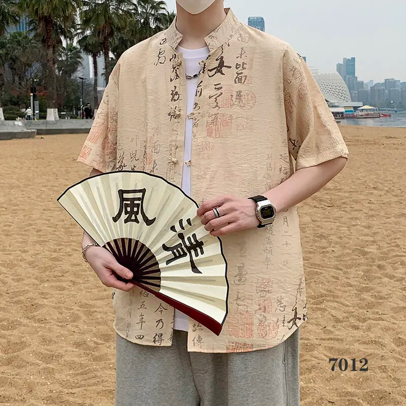 2026 Chinese Style Men's Short Sleeve Shirt with Chinese Characters Decorations and Asian Size Single Button Beach Casual Top