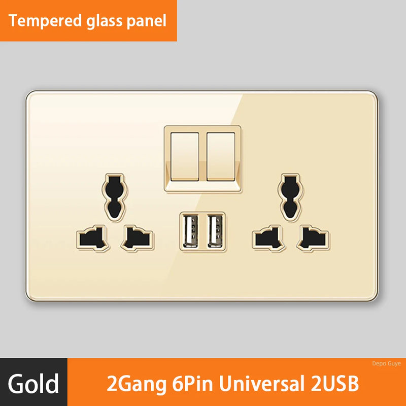 Luxury All Tempered Glass Wall Lamp Switch Button Golden UK Plug 13A Universal Wall Socket with Usb ,220V2gang2way Dimmer Switch