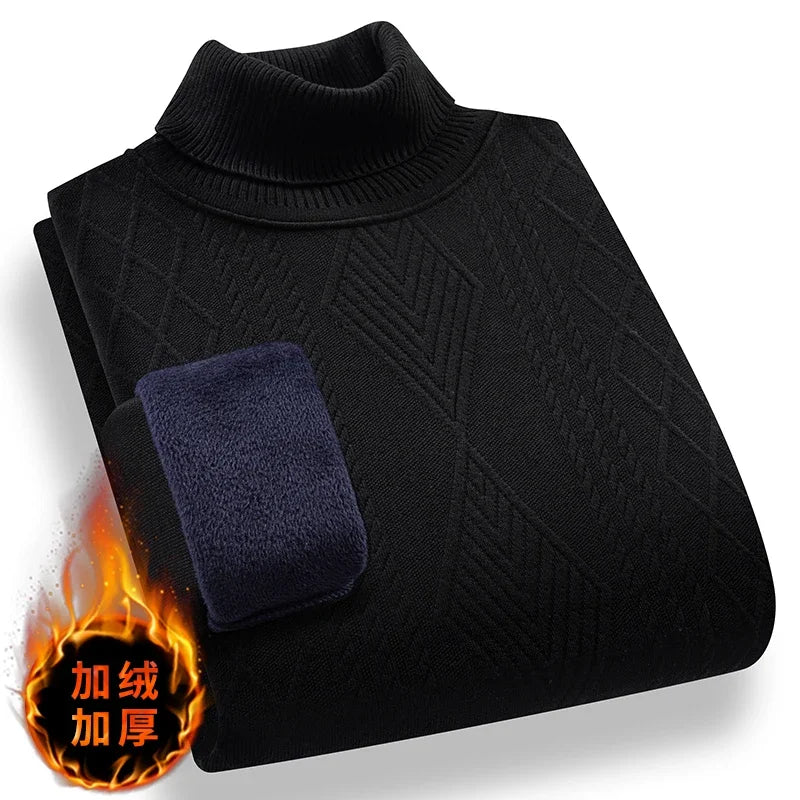 Stretch Turtleneck Male Knitted Pullover Embossed Twist Rhombus Pattern Fleece Lined Cold Proof Casual Long Sleeve Top
