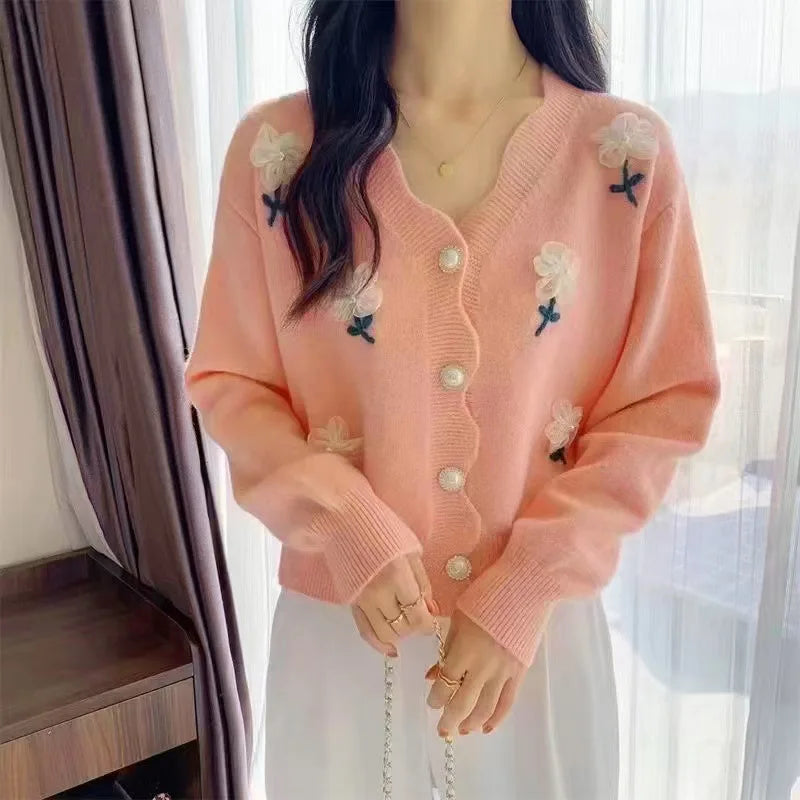 Gentle Sweet Autumn Winter Sweater Women's Flower Beaded Knitted Cardigan Long Sleeve Top Casual Warm Ladies Knitwears Coat