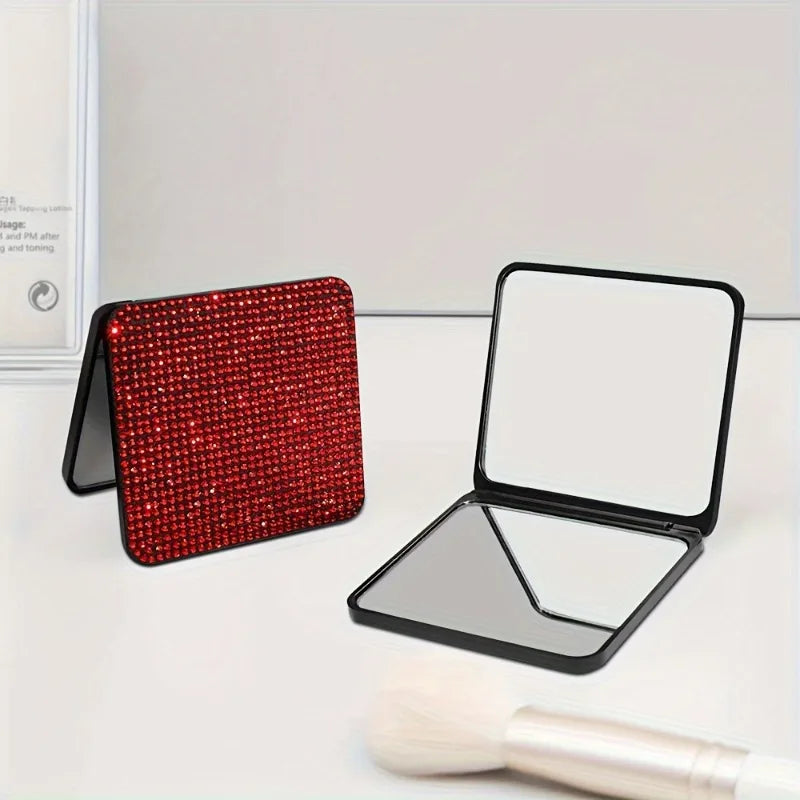 1PC Sparkling Rhinestone Portable Folding Makeup Mirror - Dual-Sided Square Design for Purses & Handbags, Make Up Mirror