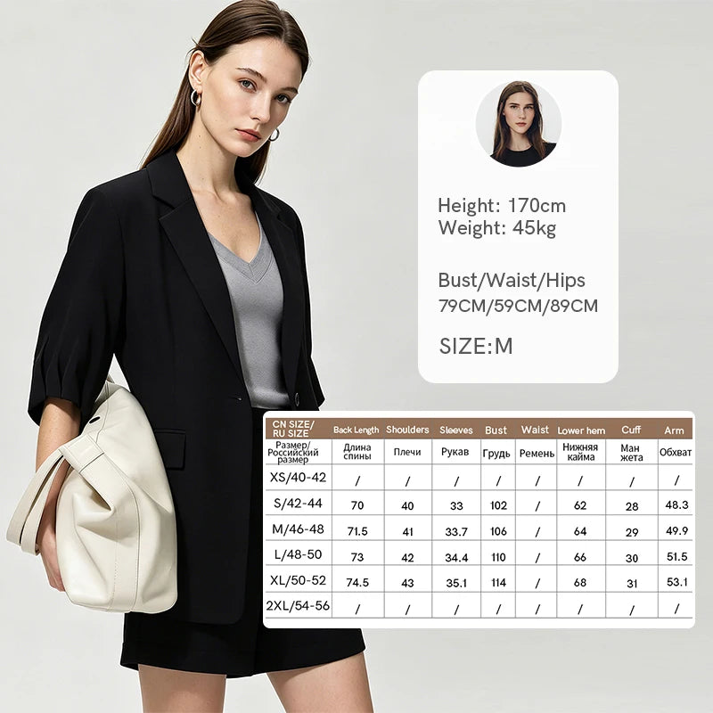 Amii Women's Blazer 2026 Summer New Notch Lapel Linen Blend Pleated Half Sleeve Jacket Casual Office Midi Length Coat 12642184