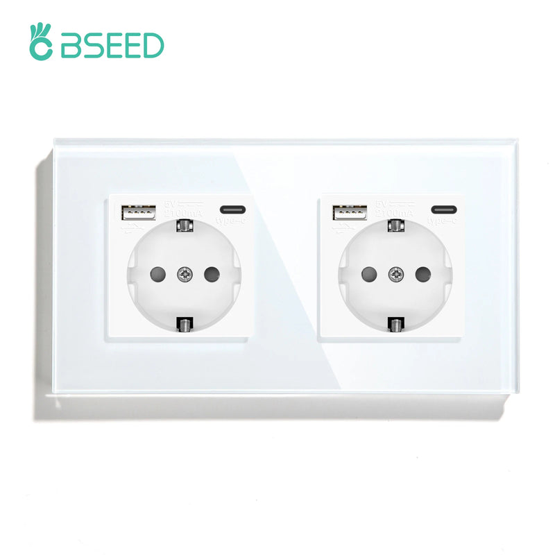 BSEED EU Standard Wall Sockets Single Power Outlets Double Frame Sockets Glass Panel Triple Plug Sockets Kids Protection 16A