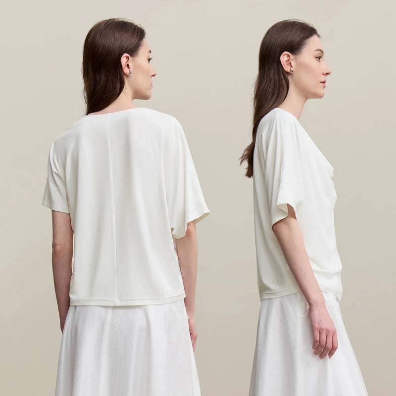 Amii Cowl Neck Women's T-Shirt 2026 Summer New Chiffon Patch Stretch Tee Loose Asymmetric Short Sleeve Top For Women 12622057