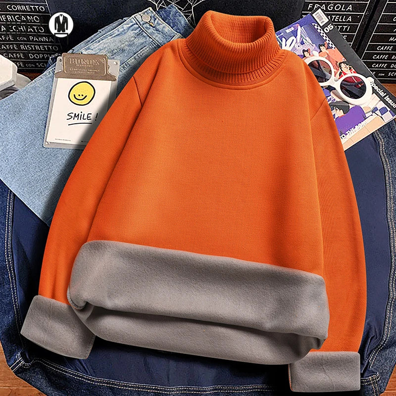 Winter Thermal Base Layer Men High Collar Knitted Pullover Full Fleece Lined Soft Long Sleeve Daily Commute Sweater
