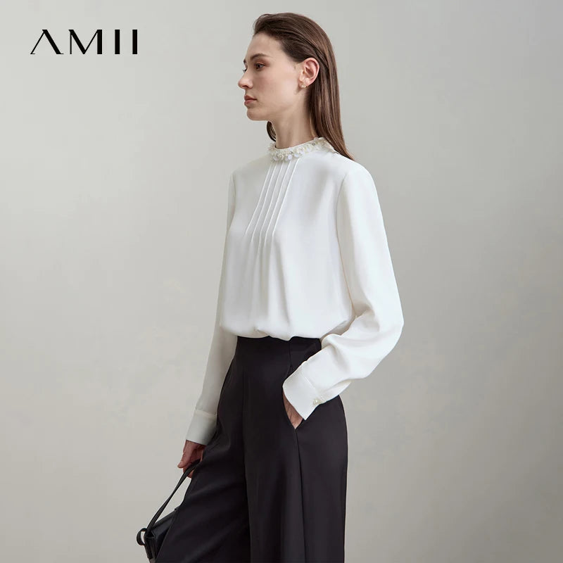 អាវស្រី AMII ពណ៌ស រចនាប័ទ្មតិចតួចបំផុត រដូវស្លឹកឈើជ្រុះ ឆ្នាំ២០២៥ អាវស្រីបែបបារាំង កអាវរលុង ឆើតឆាយ អាវក្រណាត់ chiffon សម្រាប់នារីការិយាល័យ 12523053