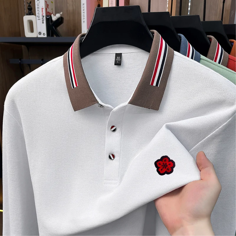 100% Cotton Man Long-Sleeved Polo Shirt Lapel Button Color Blocking Flower Embroidery Autumn New Leisure Fashion Men's Clothing