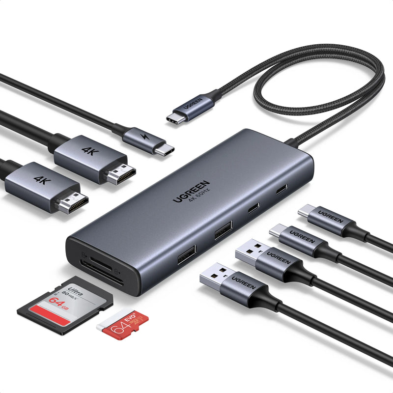 UGREEN USB C HUB 9-in-1 Dual HDMI 4K60Hz Display USB3.0 Type-C&USB-A Data Ports PD100W for Windows Laptop HP Dell Lenovo Samsung