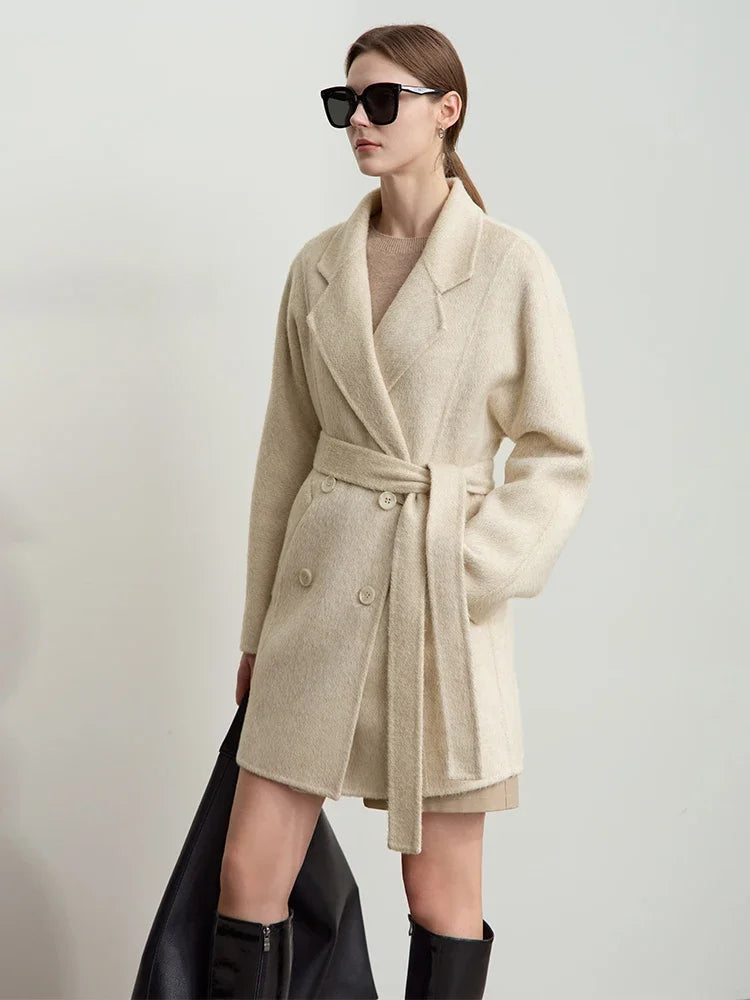 អាវរោមចៀម AMII Minimalism Alpaca សម្រាប់ស្ត្រីជាមួយខ្សែក្រវ៉ាត់ឆ្នាំ ២០២៥ រដូវរងាថ្មី Lapel Collar អាវធំពីរជាន់ 12454031