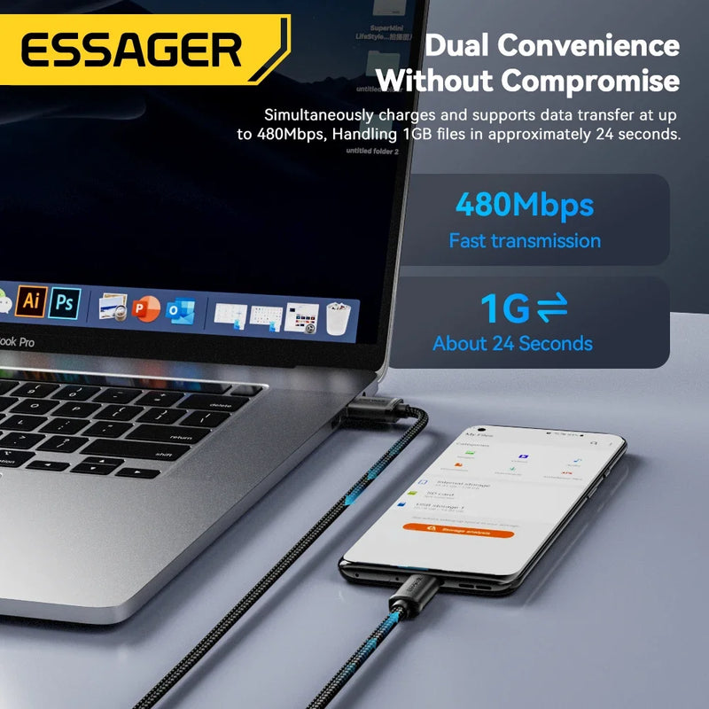 ខ្សែសាក Essager Micro USB 2A ខ្សែសាកលឿនសម្រាប់ Xiaomi Realme Redmi Samsung Huawei ទូរស័ព្ទចល័ត USB Data Charger Wire 3M