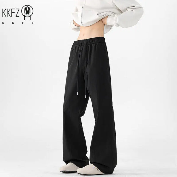 Men Minimalist Loose Wide Leg Pants Drawstring Elastic Waist Comfort Smooth Fabric For Everyday Urban Casual Dressing