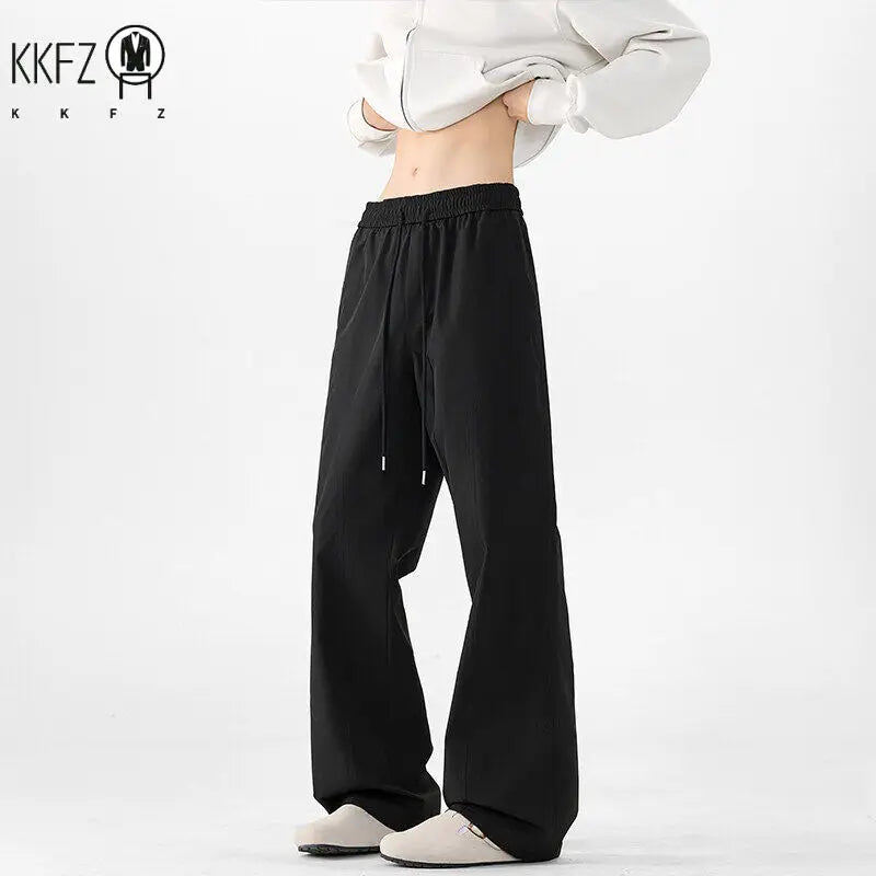 Men Minimalist Loose Wide Leg Pants Drawstring Elastic Waist Comfort Smooth Fabric For Everyday Urban Casual Dressing
